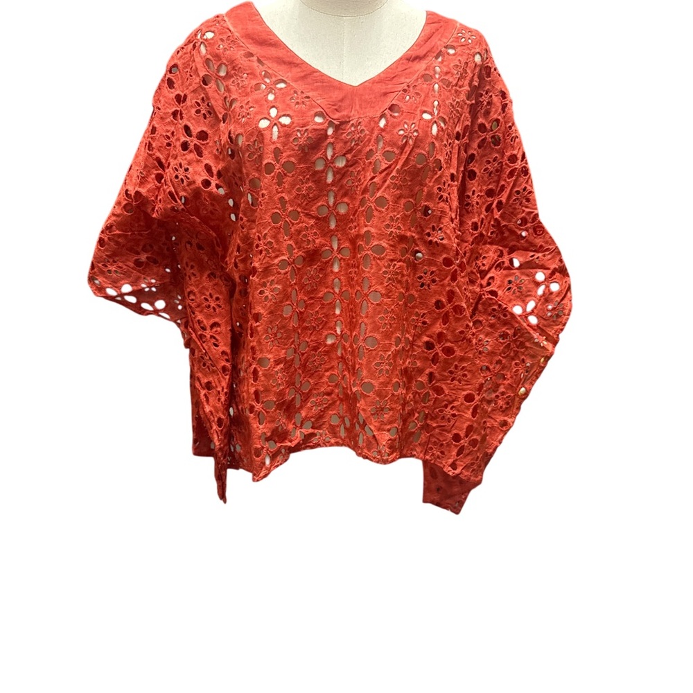 Crochet Eyelet V-Neck Tunic Top in Coral
